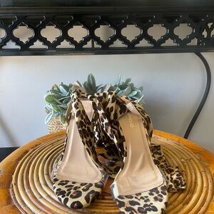 bebe Leopard Print Ankle-Tie Heels in Tan and Black
